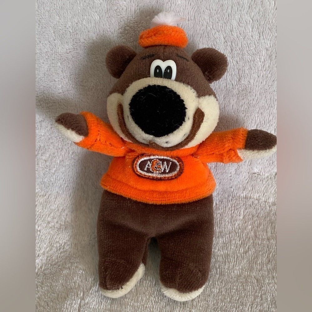 Vintage 1997 A&W Root Beer Rooty Mini Bear Plush Brown Orange stuffed toy 5”